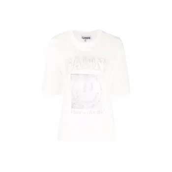 GANNI Light Cotton Jersey Smiley O neck Mid Sleeve T shirt 'Egret'