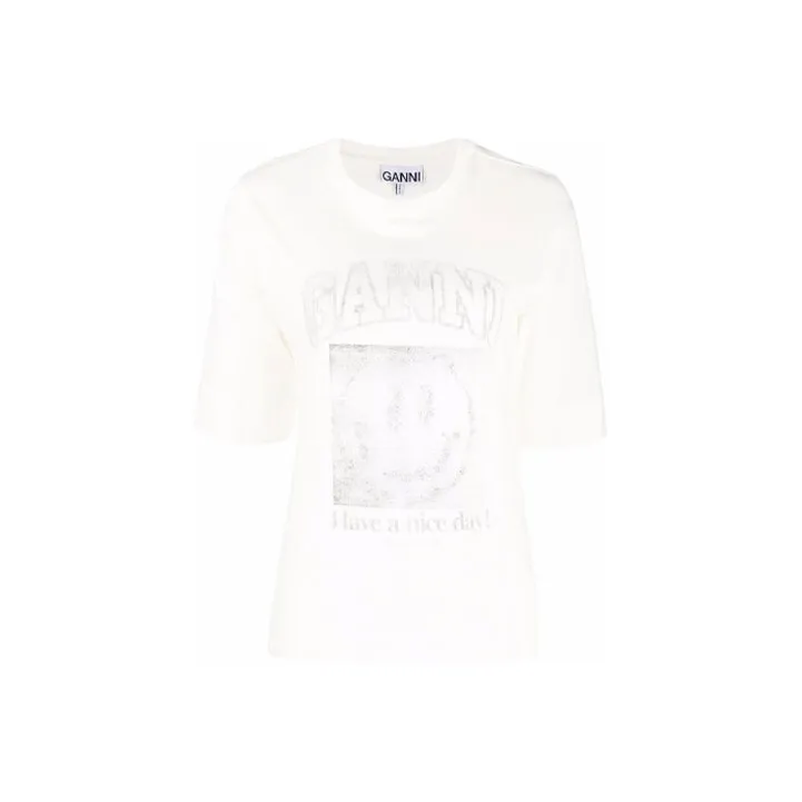 GANNI Light Cotton Jersey Smiley O neck Mid Sleeve T shirt 'Egret'-0