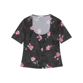 GANNI Floral Printed U-Neck Crinkled Satin Blouse