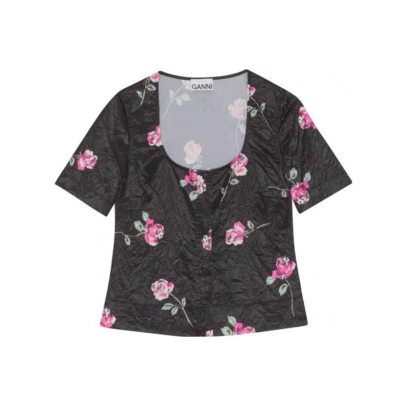 GANNI Floral Printed U-Neck Crinkled Satin Blouse-0