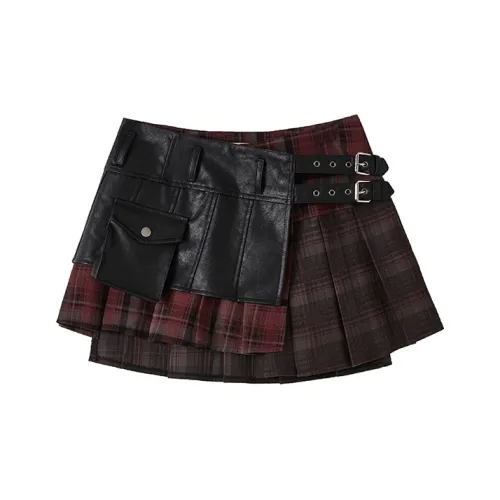WULISHAONIAN Skirt Unisex Red Black Plaid