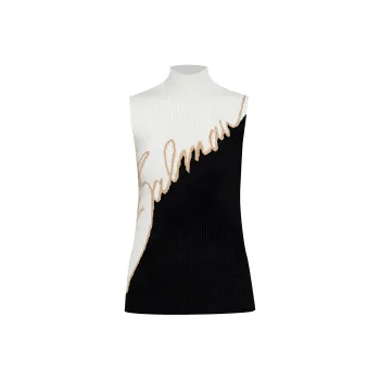 BALMAIN Logo Intarsia Turtleneck Ribbed Top