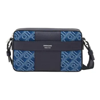 FERRAGAMO Hammered Texture Calfskin With Fabric Shoulder Bag Unisex Denim