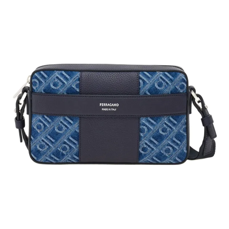 FERRAGAMO Hammered Texture Calfskin With Fabric Shoulder Bag Unisex Denim-0