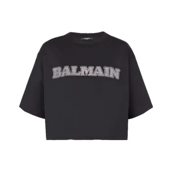 BALMAIN Cropped Rhinestone T Shirt 'Black/Crystal'