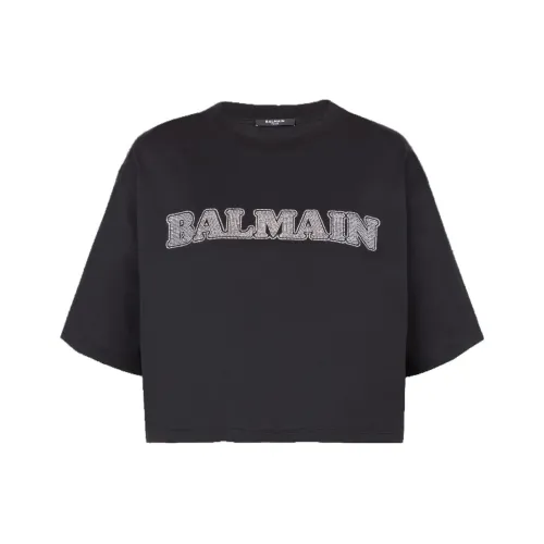 BALMAIN Cropped Rhinestone T Shirt 'Black/Crystal'