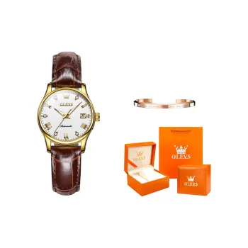 OLEVS Automatic Mechanical Movement Leather Strap Watch Women's Watch White Dial