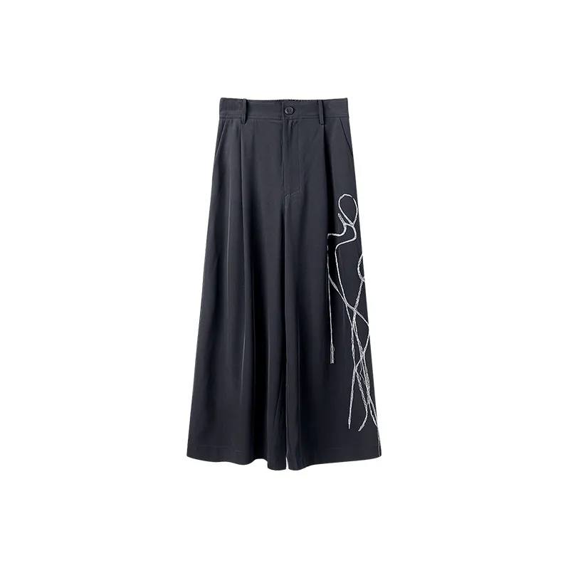 HUANXIANGZHE Triacetate Embroidery Wide Leg Cropped Pants Unisex Black-0