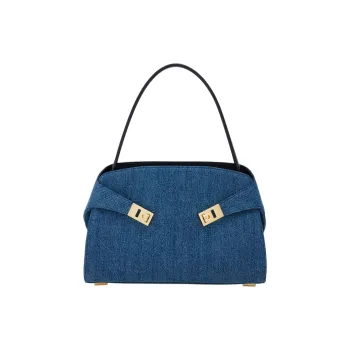 FERRAGAMO Hug Fabric With Calfskin Handbag Large Size Women's Denim