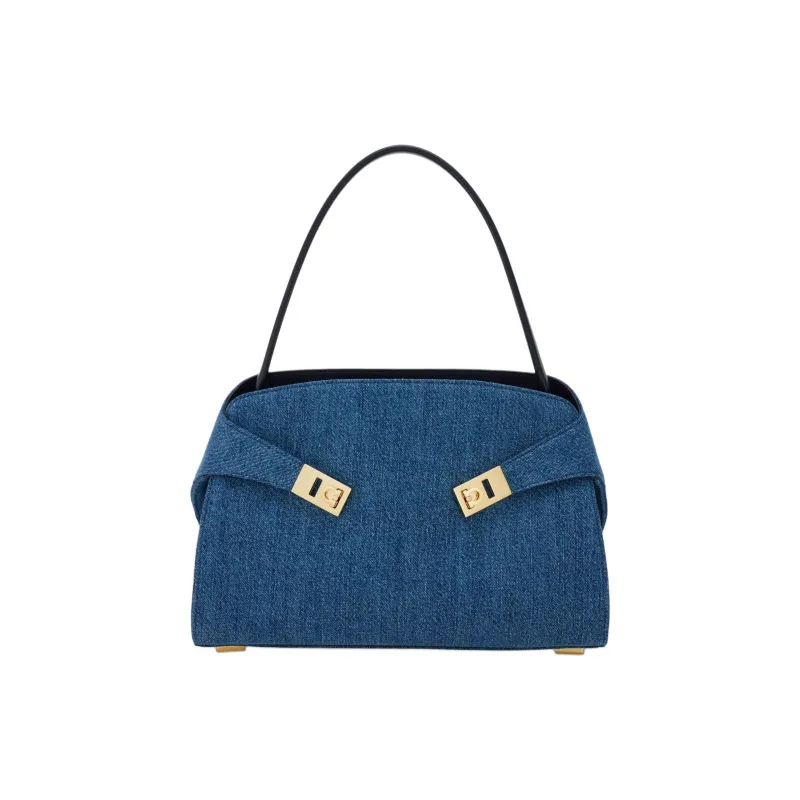 FERRAGAMO Hug Fabric With Calfskin Handbag Large Size Women's Denim-0