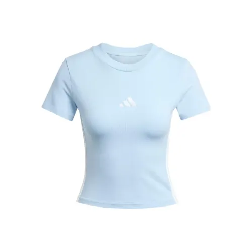 Adidas Women's Essentials 3 Stripes Slim Baby T Shirt Glow Blue/White
