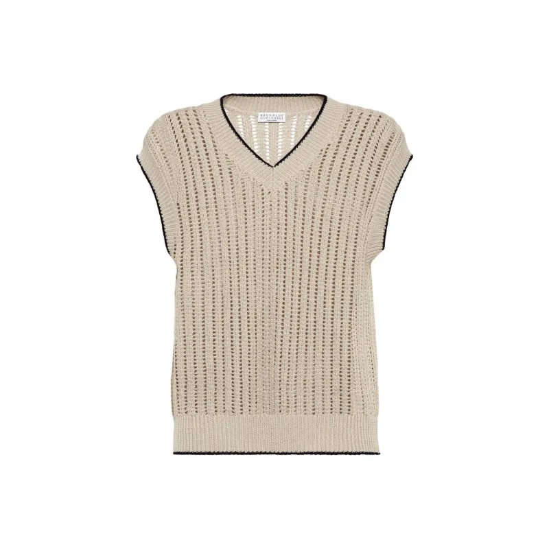 Brunello Cucinelli Embellished Openwork Rib Sweater Vest-0