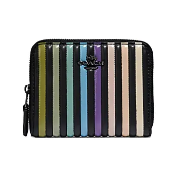 COACH Zip Around Cowhide Leather Coin Purse Card Holder, Wallet Women's Black With Rainbow Gradient Stripes