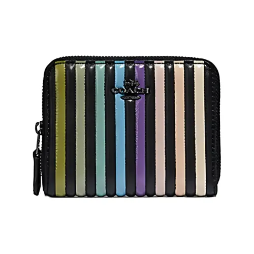COACH Zip Around Cowhide Leather Coin Purse Card Holder, Wallet Women's Black With Rainbow Gradient Stripes
