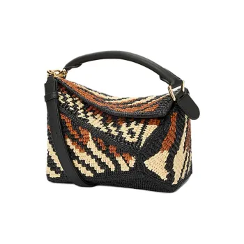 LOEWE Puzzle Raffia With Cow Leather Shoulder Bag, Crossbody Bag, Handbag Small Size Women's Black & Honey Gold