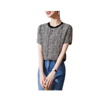 Yi Mengyuan Set in Sleeve Short Sleeved Silk T Shirt Women's Black White Pattern