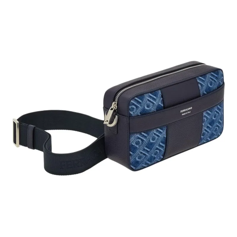 FERRAGAMO Hammered Texture Calfskin With Fabric Shoulder Bag Unisex Denim-1