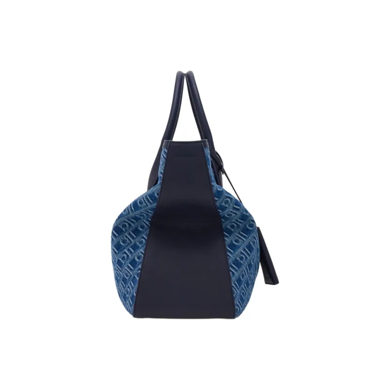 FERRAGAMO Fabric With Hammered Texture Calfskin Tote Bag, Shopping Bag, Handbag Large Size Men's Denim-2