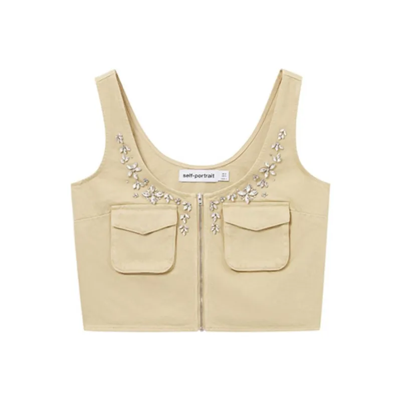 Self portrait Crystal embellished Twill Vest-0