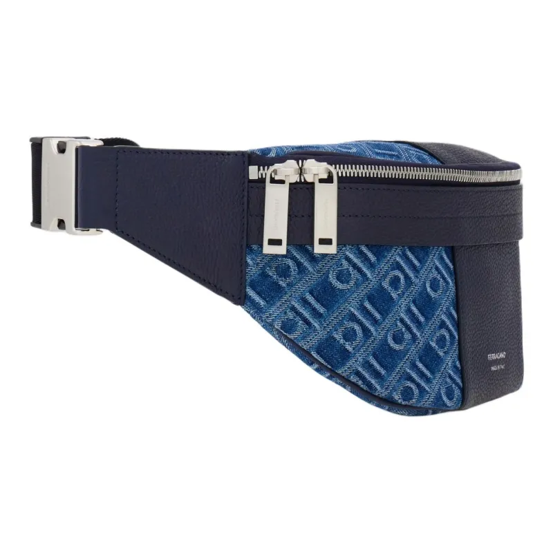 FERRAGAMO Fabric With Hammered Texture Calfskin Fanny Pack Women's Denim-1
