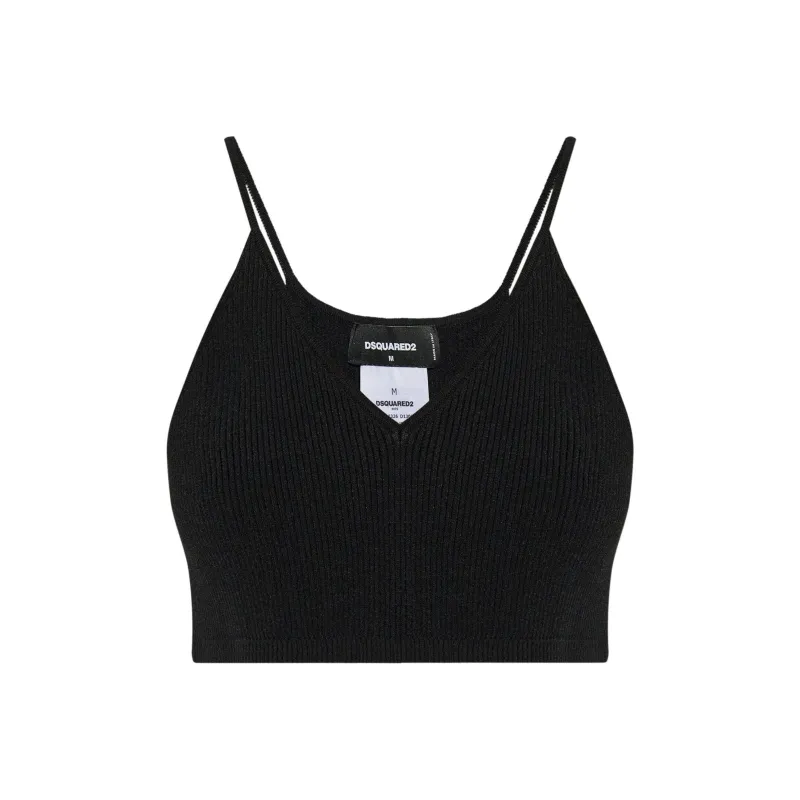DSQUARED 2 Logo Plaque V Neck Ribbed Cropped Top-0