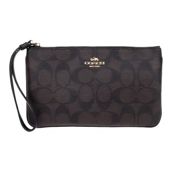 COACH Wristlet Canvas With Leather Handheld Mahjong Wrist Bag Women's Brown Black Monogram
