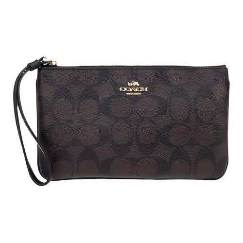 COACH Wristlet Canvas With Leather Handheld Mahjong Wrist Bag Women's Brown Black Monogram