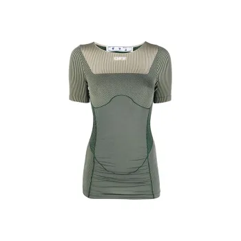 OFF WHITE Paneled Short Sleeve Performance Top Dark Green/Taupe/White