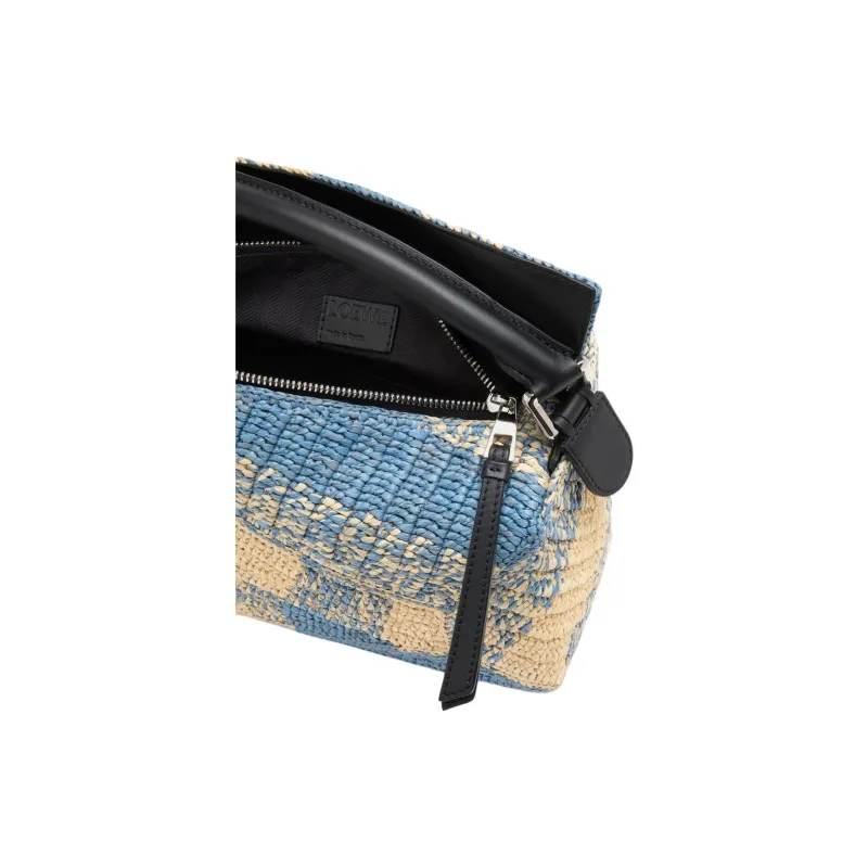 LOEWE Puzzle Raffia One Shoulder Handbag Trumpets Women's Light Blue & Beige-6