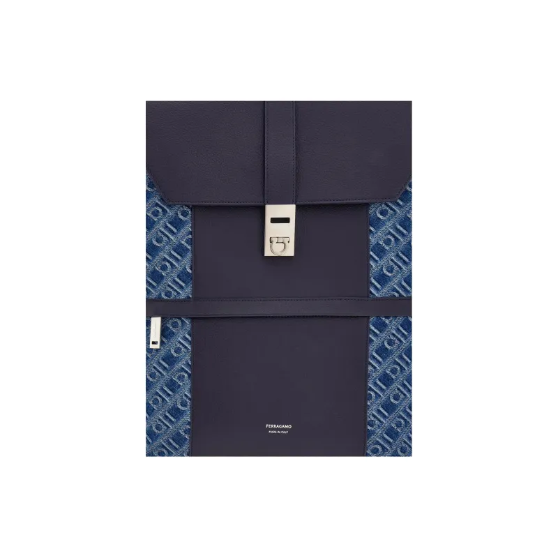 FERRAGAMO Fabric With Cow Leather Backpack Men's Denim Blue-5