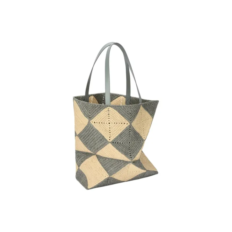 LOEWE Puzzle Fold Raffia Shopping Bag, Shoulder Bag Extra Large Men's Gray & Beige-1