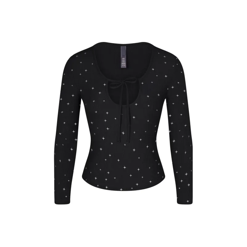 SKIMS SOFT LOUNGE LONG SLEEVE CROP TOP T Shirt Women's ONYX SPARKLE PRINT/Onyx Shimmery Print-0