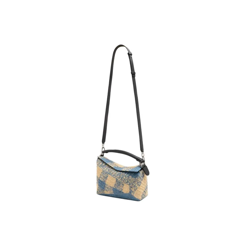LOEWE Puzzle Raffia One Shoulder Handbag Trumpets Women's Light Blue & Beige-2