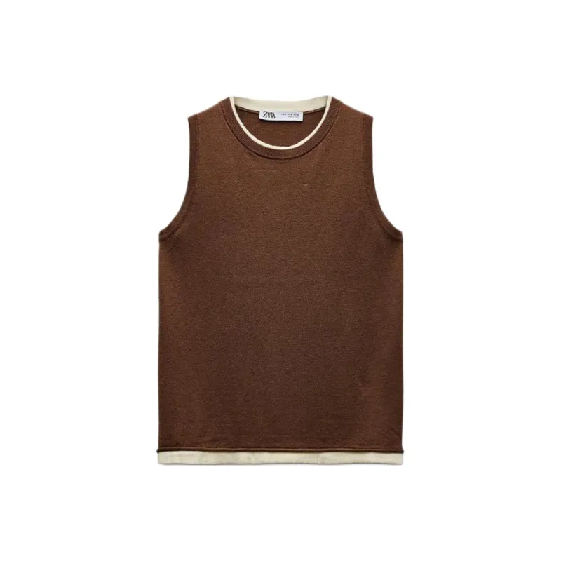 ZARA Tank Tops Women's Brown/Raw White-0