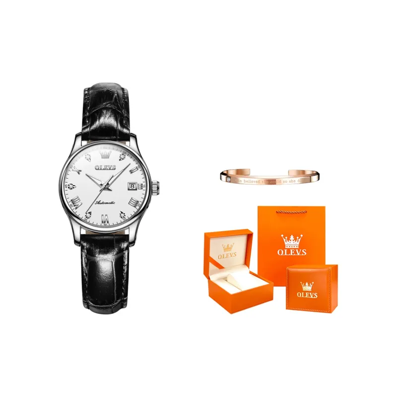 OLEVS Automatic Mechanical Movement Leather Strap Watch Women's Watch White Dial-20