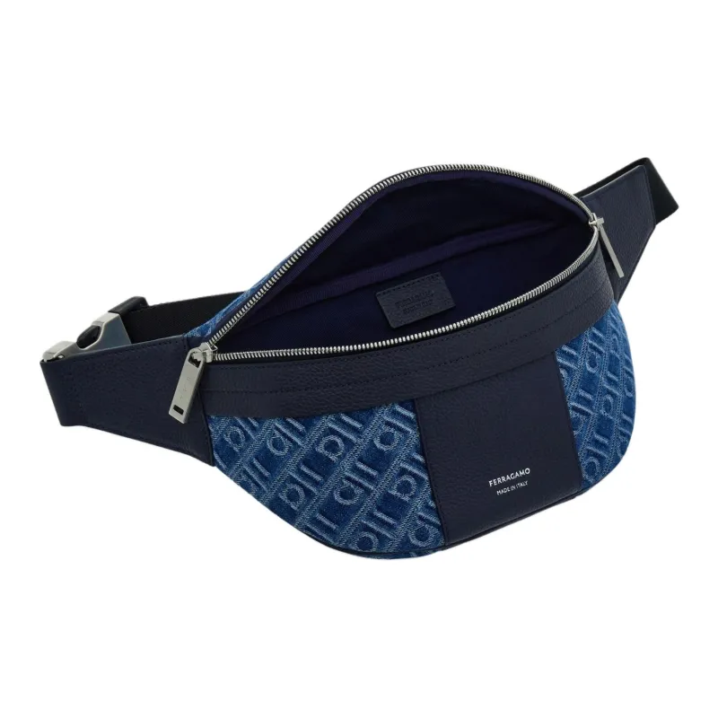 FERRAGAMO Fabric With Hammered Texture Calfskin Fanny Pack Women's Denim-3