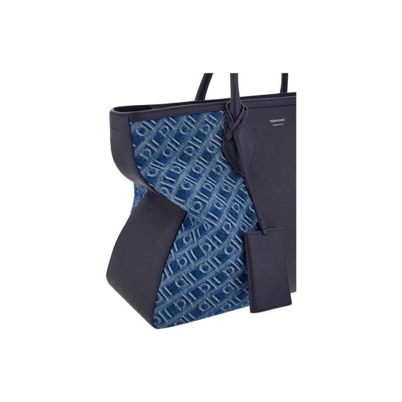 FERRAGAMO Fabric With Hammered Texture Calfskin Tote Bag, Shopping Bag, Handbag Large Size Men's Denim-5