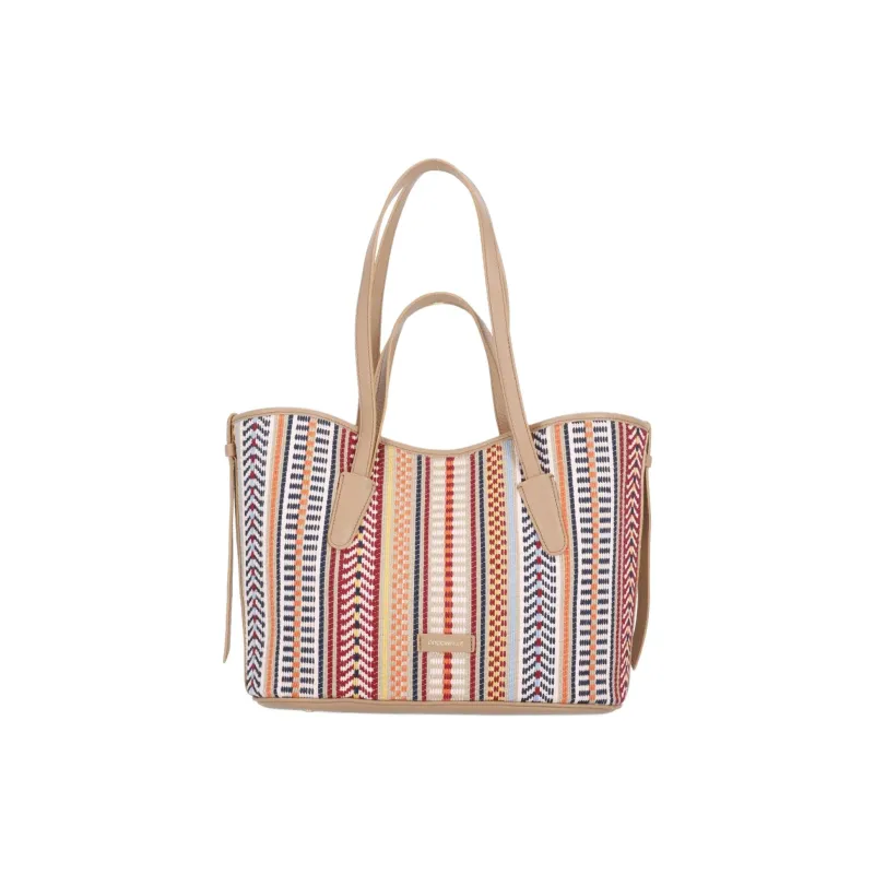 COCCINELLE Cotton Tote Bag, Shopping Bag, Shoulder Bag, Handbag Women's Beige & Blue-0