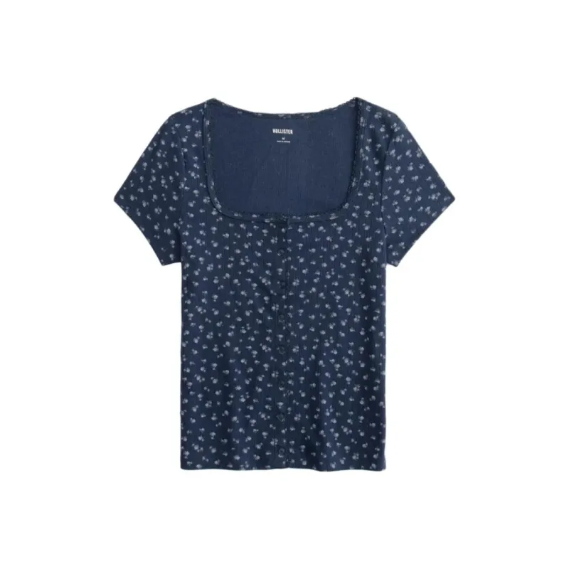 Hollister T Shirt Women's Blue Floral-0