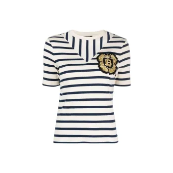 BALMAIN Logo-patch Ribbed-knit Striped T-shirt