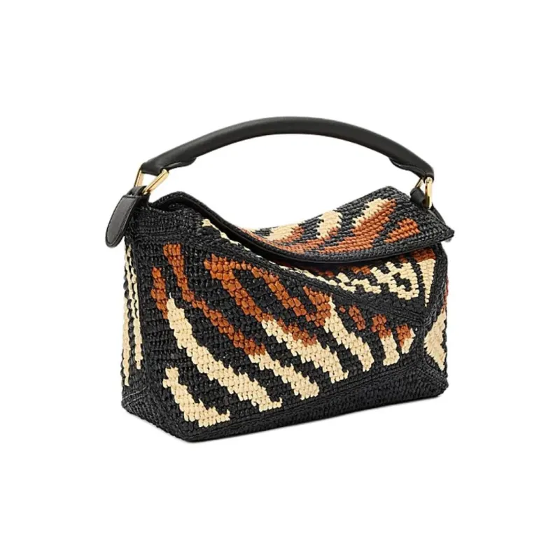 LOEWE Puzzle Raffia With Cow Leather Shoulder Bag, Crossbody Bag, Handbag Small Size Women's Black & Honey Gold-3