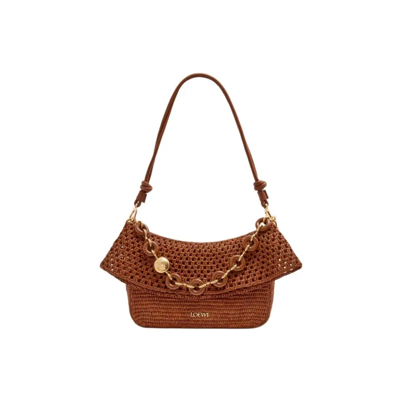 LOEWE Raffia One Shoulder Handbag Medium Size Women's Gold Brown-2