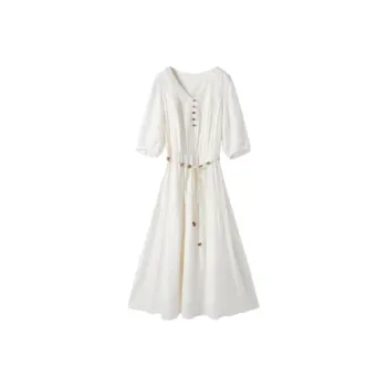 XIANGYING Short Sleeved Dress Women's Beige