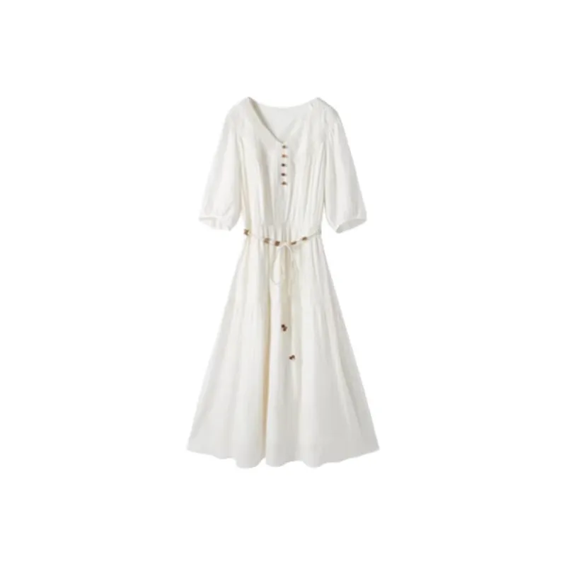 XIANGYING Short Sleeved Dress Women's Beige-0