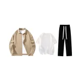 Clothing Set (Dark Coffee Shirt+White Short-Sleeved Shirt+Black Casual Pants)