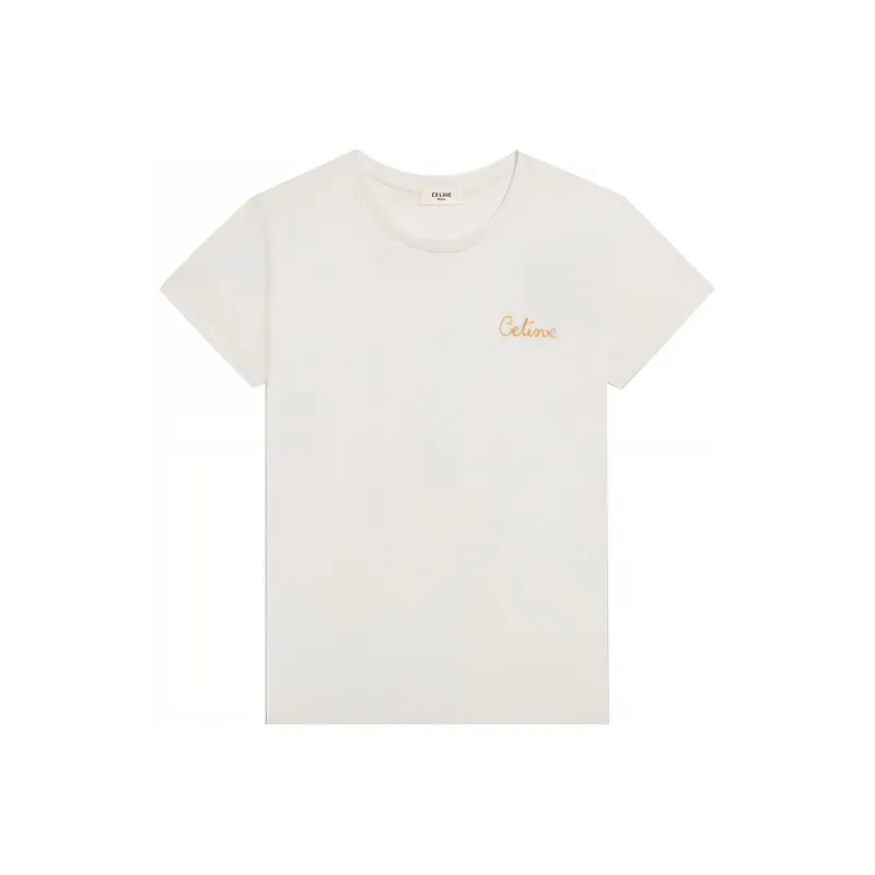 CELINE Cotton Logo Embroidery Short Sleeved Shirt T Shirt Women's Ecru-0