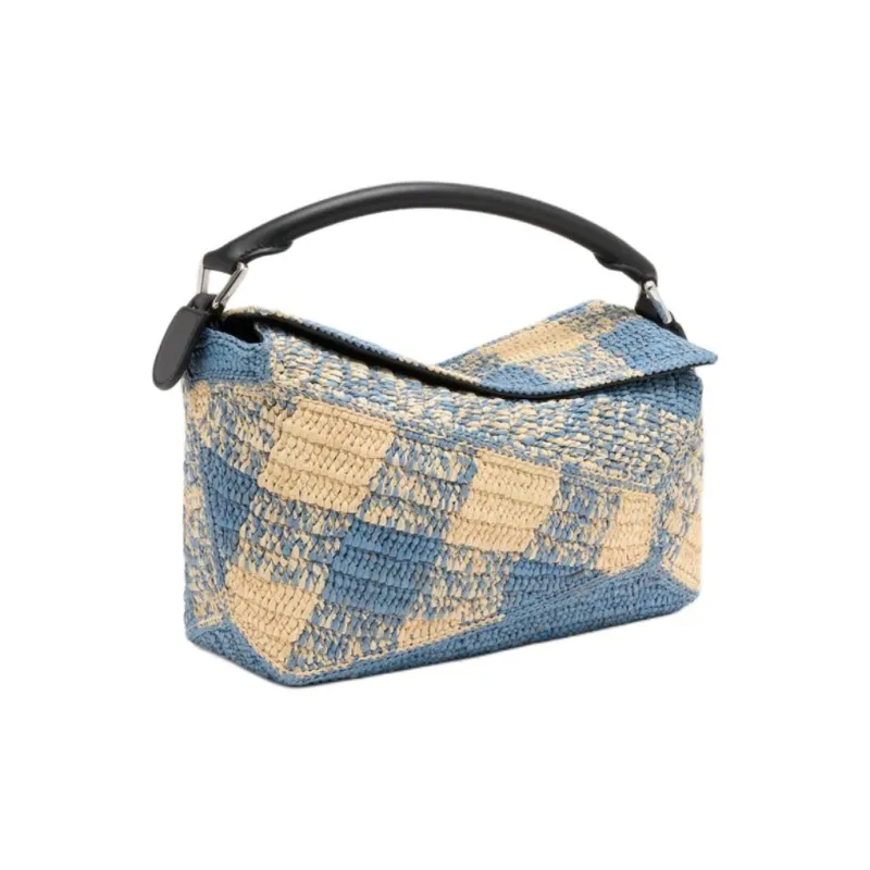 LOEWE Puzzle Raffia One Shoulder Handbag Trumpets Women's Light Blue & Beige-3