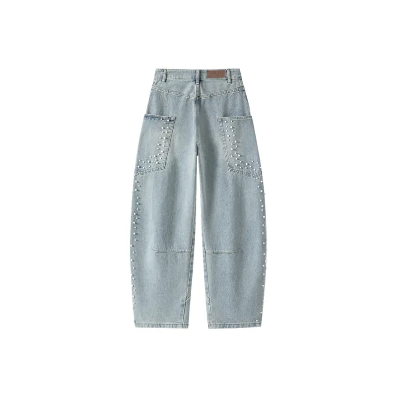 BLANC & ECLARE Pearl Decoration Contrast Design Hanging Luxury Streetwear Jeans Unisex Blue-1