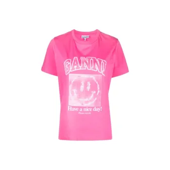GANNI Basic Jersey Smiley Print O neck Relaxed T shirt 'Carmine Rose'