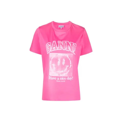 GANNI Basic Jersey Smiley Print O neck Relaxed T shirt 'Carmine Rose'
